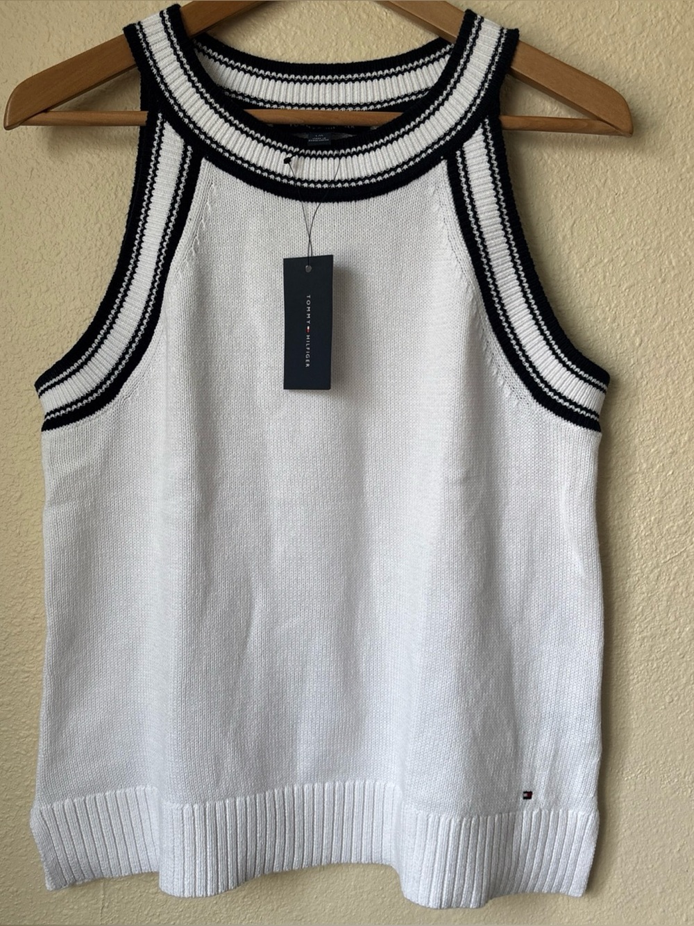 Tommy Hilfiger White Knit Tank with Navy Trimmed Neckline